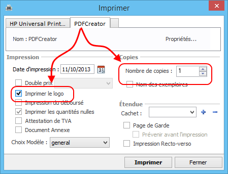 fenêtre d'impression depuis un devis et facture