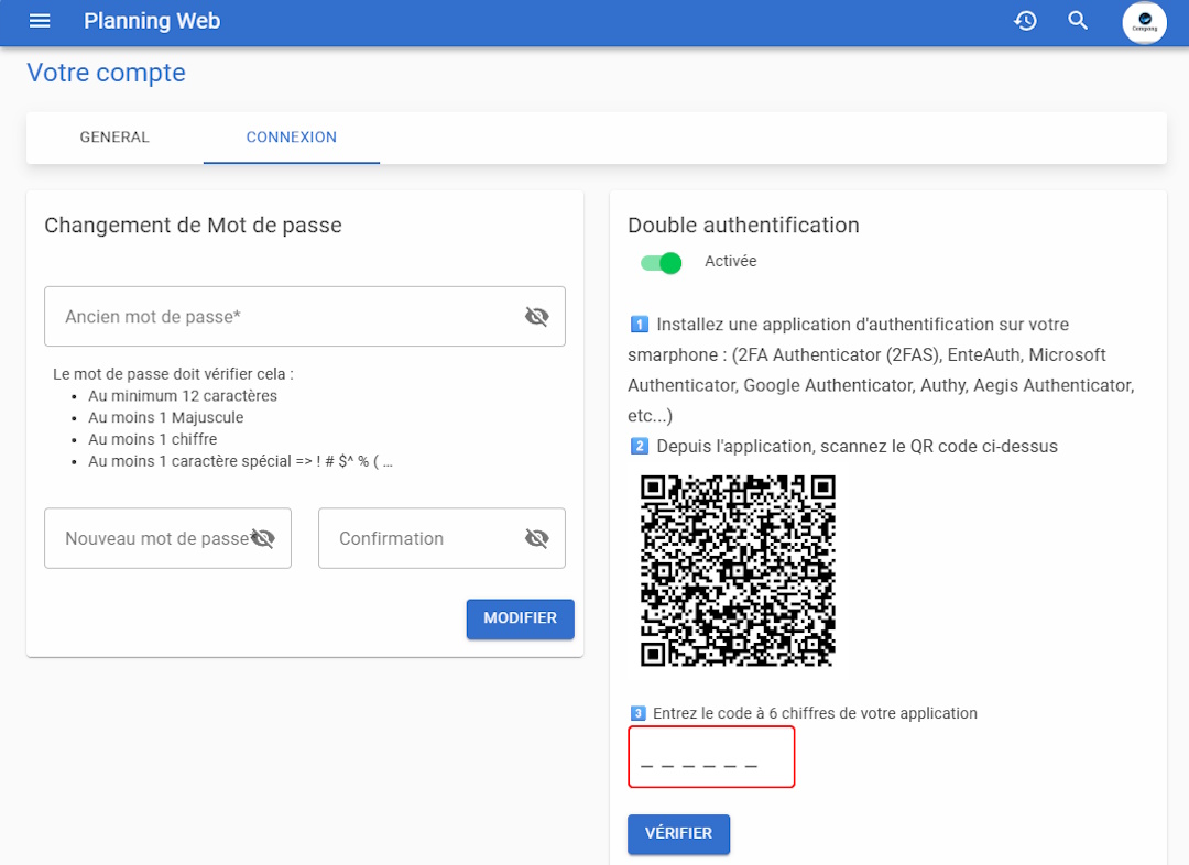 planning Web Double authentification