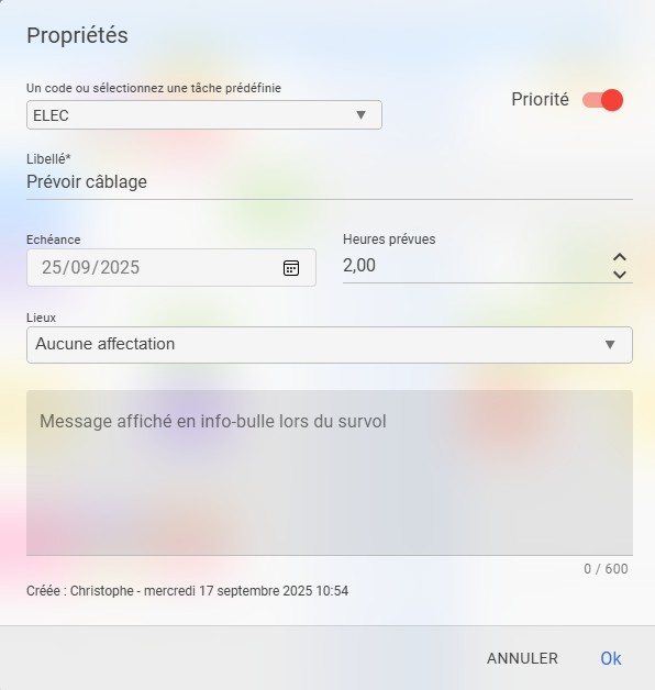 Capture d'écran montrant le formulaire de création d'une tâche dans SodeaSoft Planning Web, avec des champs pour le code, le libellé, la date d'échéance, les heures prévues, et le lieu.