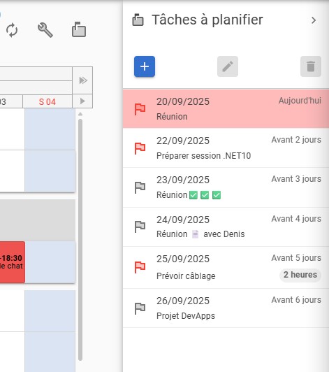 Interface de planification affichant une liste des tâches à planifier sur le côté droit, avec des dates, titres, et indicateurs de priorité, à côté d'un calendrier.