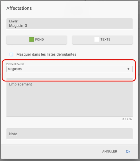 Interface de saisie pour l'affectation avec des options pour le libellé et l'élément parent, incluant un champ pour le nom, des boutons de couleur, et des options de masquage.