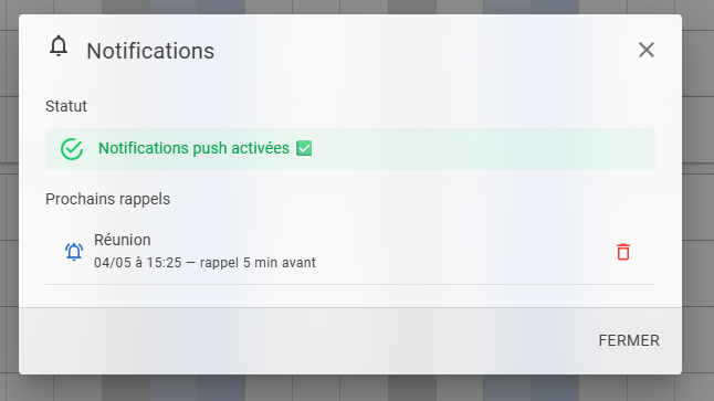 liste des prochaines notifications de rappel dans planning Web