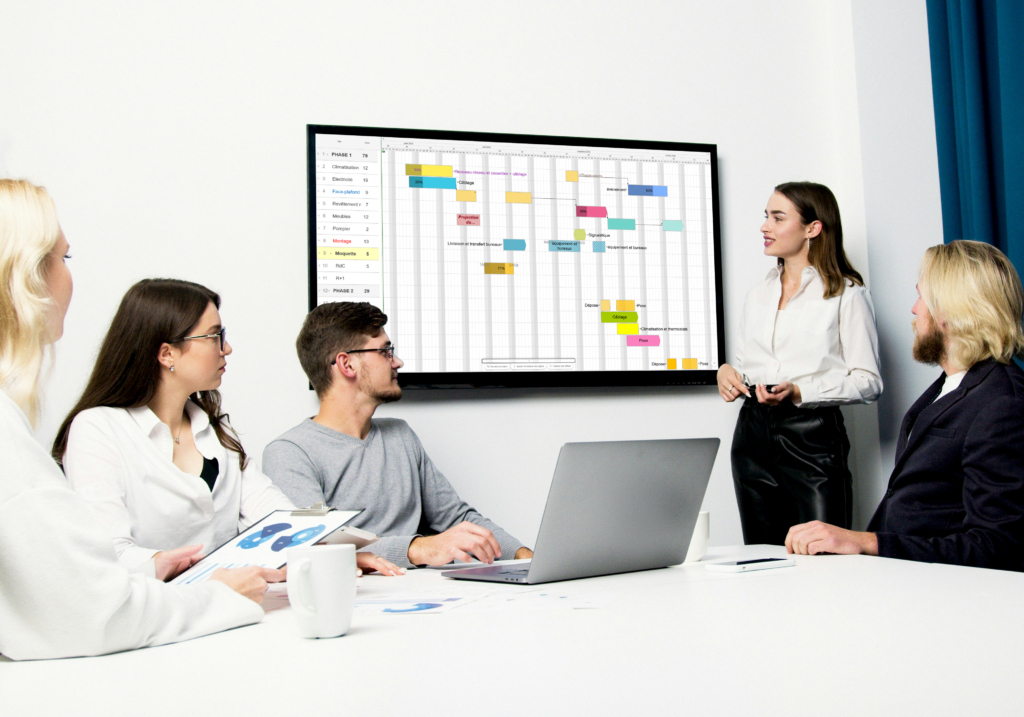 Équipe qui projette son planning Gantt en réunion sur un grand écran